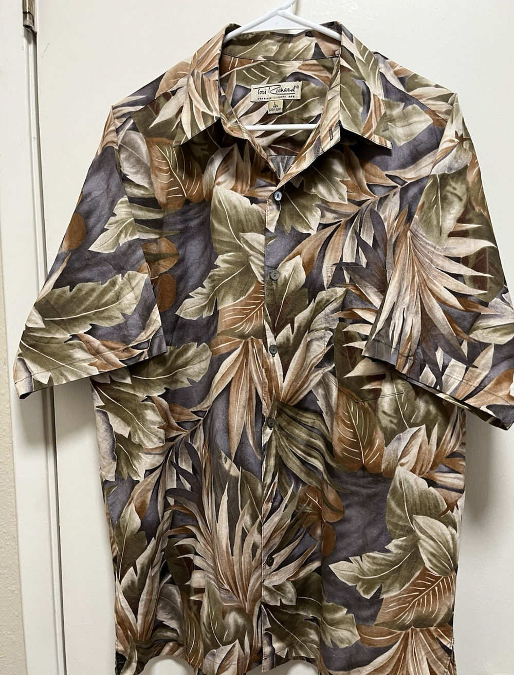 Tori Richard Brown Silver Green Leaf Print Cotton Lawn Hawaiian Shirt Size L
